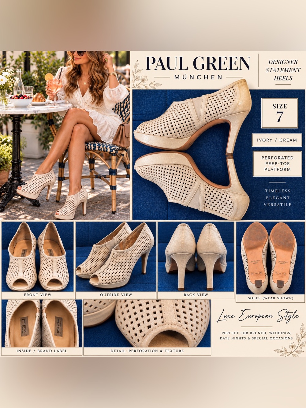 ✨Pristine Shimmering Paul Green Perforated Peep-Toe Platform Pumps — Size 7 ✨